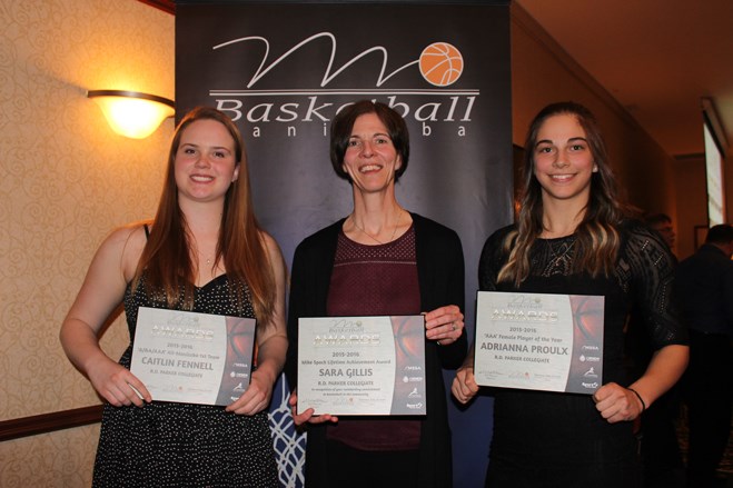 From left to right, first A/AA/AAA all-Manitoba team member Catilin Fennell, Mike Spack Lifetime Achievement Award -winning coach Sara Gillis and AAA female player of the year Adrianna Proulx at the Basketball Manitoba awards banquet in Winnipeg April 16.
