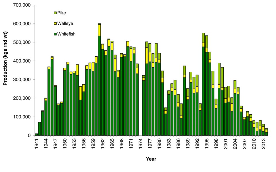 South Indian Lake fish production 1941 to 2015.