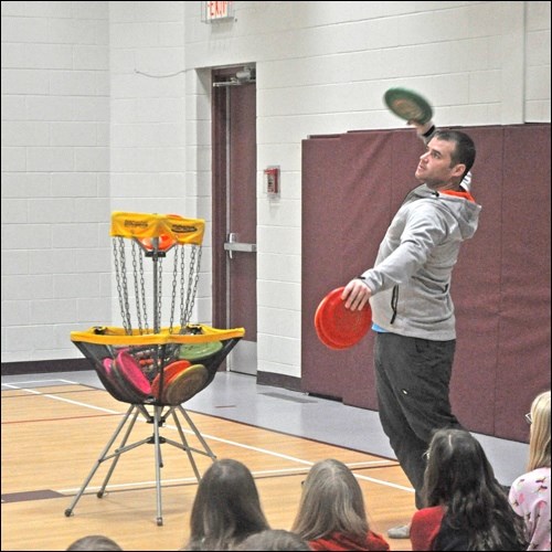 Rob McLeod was at Bready Elementary School throughout the day Thursday teaching students all the various ways to use a Frisbee. It was a way to not only teach students the sport, but also the messages of acceptance, kindness, determination and unplugging.  Photos by John Cairns