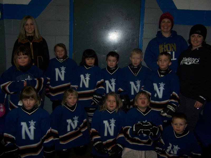 The Norquay North Stars hockey team was photographed in Norquay on February 25 prior to a game against the Canora Cobras. From left, were: (back row) Bowdrie Northrop (assistant coach), Nicole Korpusik (coach) and Chelsie Will (assistant coach); middle row, Kaylee Auchstaetter, Makayla Shankowsky, Hana Westerhoud, Nate Korpusik, North Johnson, Liam Kish and, and (front) Ty Northrop, Sawyer Northrop, Rowyn Johnson, Peyton Holinaty and Easton Will.
