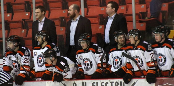 Terriers’ head coach/GM Casey O’Brien (back right) said he is “only as good as the rest of his staff.” Assistant coaches Mat Hehr (top left) and Karsten Wagner (top middle) are new to the Terriers’ staff this year, but have been there to build the team into what they are now.