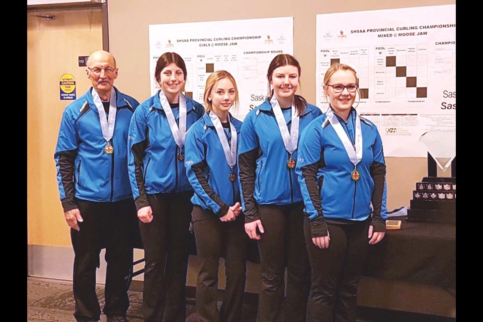 Members of the Carnduff Education Complex team that won bronze were, from the left, coach Steve Smith, lead Hannah McCannell, second Meegan Hood, third Hallie McCannell and skip Bailey Kozma. Photo submitted.