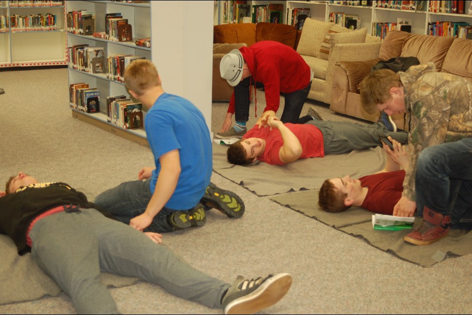 Students who learned the proper techniques in administrating first aid, from left, were: Michael Pidherny, Connor Novak, Spencer King, Braydon Walker, Shawn Holowachuk and Brandyn Gogol.
