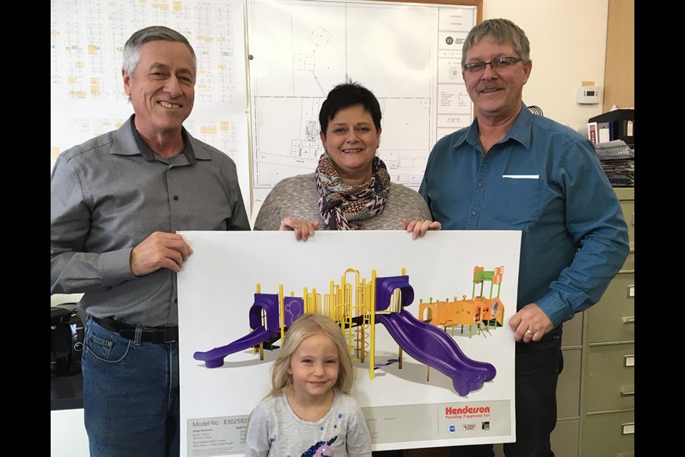 Enbridge also made a donation of $5,000.00 to the Windthorst Playground through the Enbridge Community Relations and Line 3 Replacement Project. Posing in the photo are Dwight Larsen, Theresa Beresh, Les Scott and Olivia Beresh.