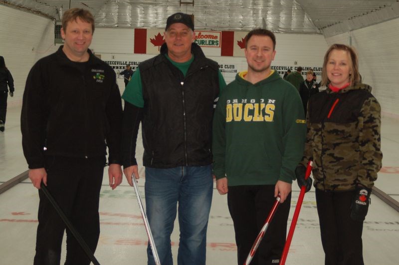 The Preeceville open bonspiel was won by the Ken Newell rink of Norquay. From left, were: Newell, Rick Kinaschuk, Evan Rostotski and Rubieann Klute.