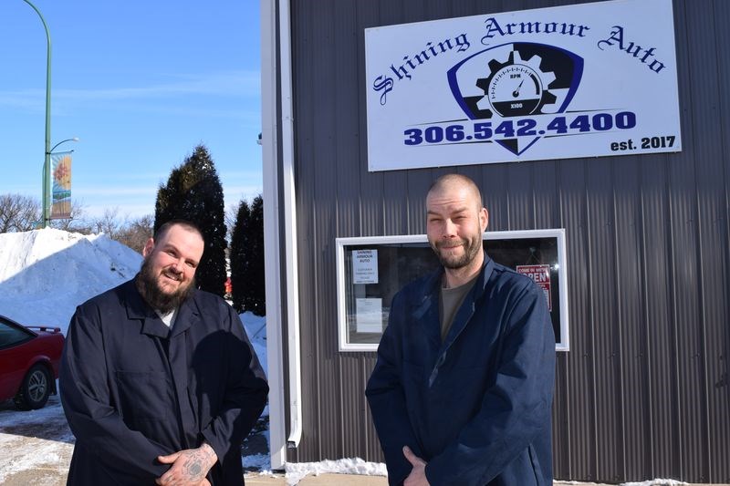 Partners Mike Guillet, left, and Chris Fesik opened their new business, Shining Armour Auto in Kamsack on March 8.
