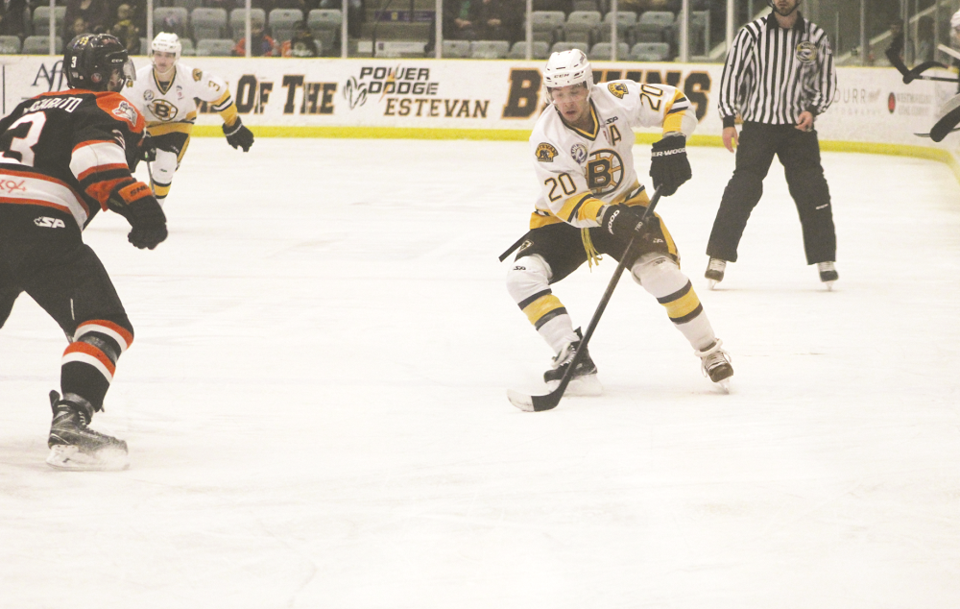 Forward Jason Miller (20) scored twice in the third period of the Power Dodge Estevan Bruins Game 2