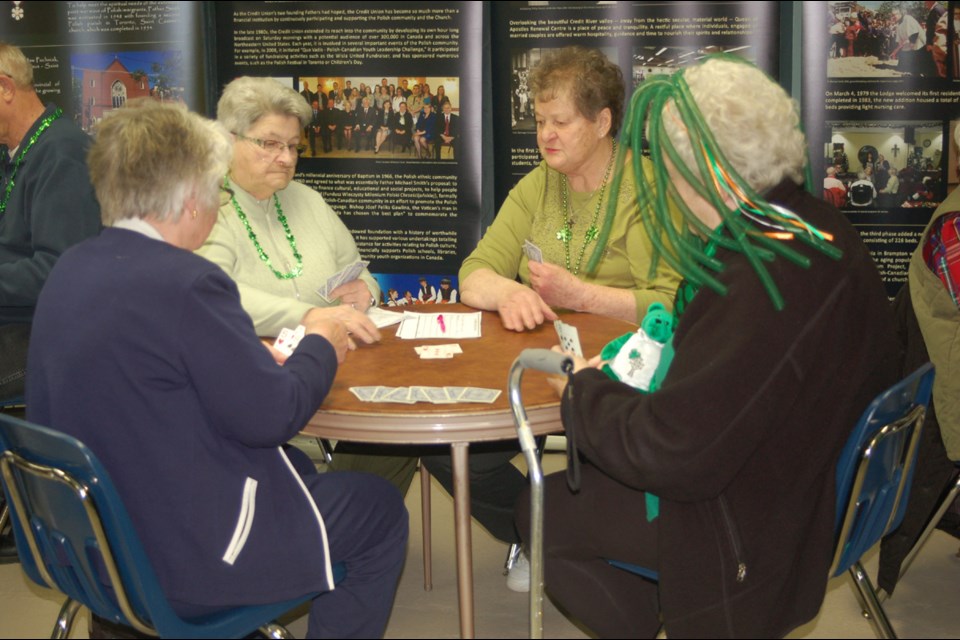All decked out in green were card players at the St. Patrick’s Roman Catholic pie and card party on March 18 in Sturgis. From left, were: Stella Tulik, Avalon Hough, Marge Bodnar and Lila Duff.