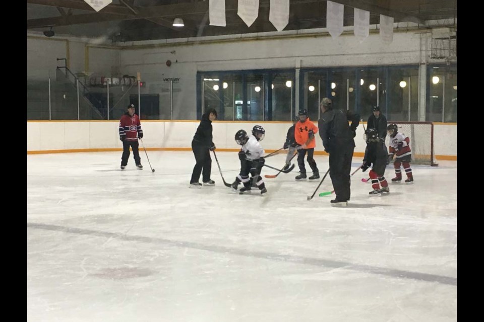 At the Canora Novice Red wind-up on March 9, from left, Greg Smith (coach), Nicole Korpusik (coach), Colton Bletsky and Cale Smith were trying to score on the parents Jaxson Lindgren and Hayden Strelioff, and older siblings Dwayne Wolkowski, Cayden Kelly, Kevin Strelioff and Natalia Kelly.