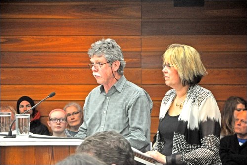 Bill Chappell and Brenda Korchinski made a presentation before city council Monday night on the issue of possible tree removal on 1300 and 1400 blocks of 97th Street. The gallery was filled with area residents in support of keeping the trees standing throughout the neighbourhood. Photos by John Cairns
