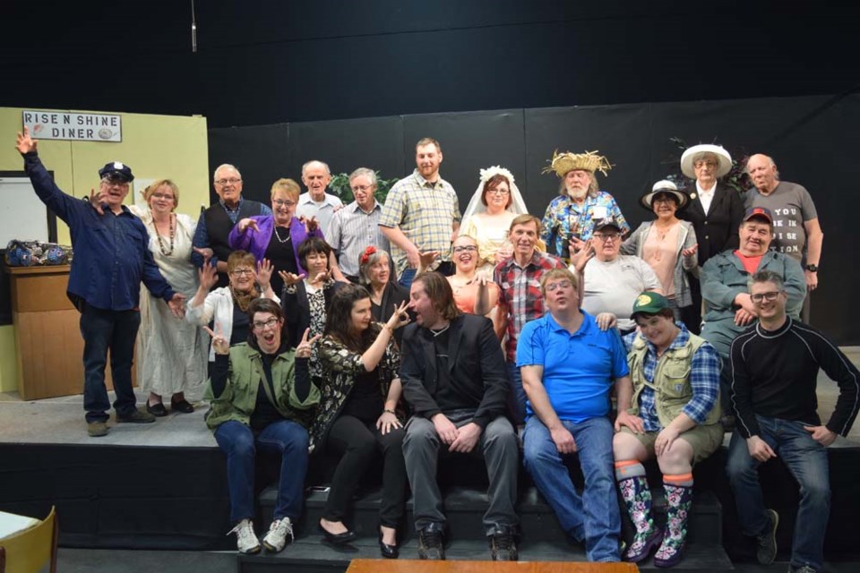 The Buchanan Black Box Players dinner theatre stage production of Trouble in Paradise Junction had a cast of 25 characters. Cast and crew members were, from left: (back) Malcolm Broughton, Tammy Senholt, Ernie Kozak, Lorna Ratushniak, Nick Woloschuk, Les Carlson, Steven Wyonzek, Diane Fehr, AJ Bathgate, Ador Sorestad, Pat Leung, Bob Edwards, (middle); Sharon Murray, Betty Tomilin, Val Edwards, Abby Fichtner, Steve Merriam (director), Cliff Sorestad, Morley Leung, and (front) Lisa St. Mars, Laura Chartrand, Andrew Hoffman, Darryl Goossen, Erin Graas, and Jeff Davis (lights/sound).