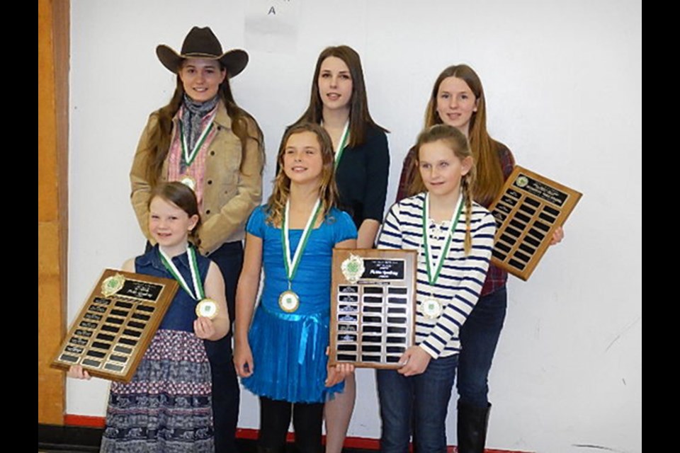 Winners of the district 4-H public speaking competition held in Canora last week, from left, were: (back row) Fayth Stolzfus, first senior category; Caitlyn Fox, second intermediate; Jessa Fox, first, intermediate, and (front) Paisley Wolkowski, first Cloverbuds; Ashlyn Olson, second, junior, and Jessee Kopelchuk, first, junior. Sydney Kolosk, who placed second in the Cloverbuds, was not available for the photo.