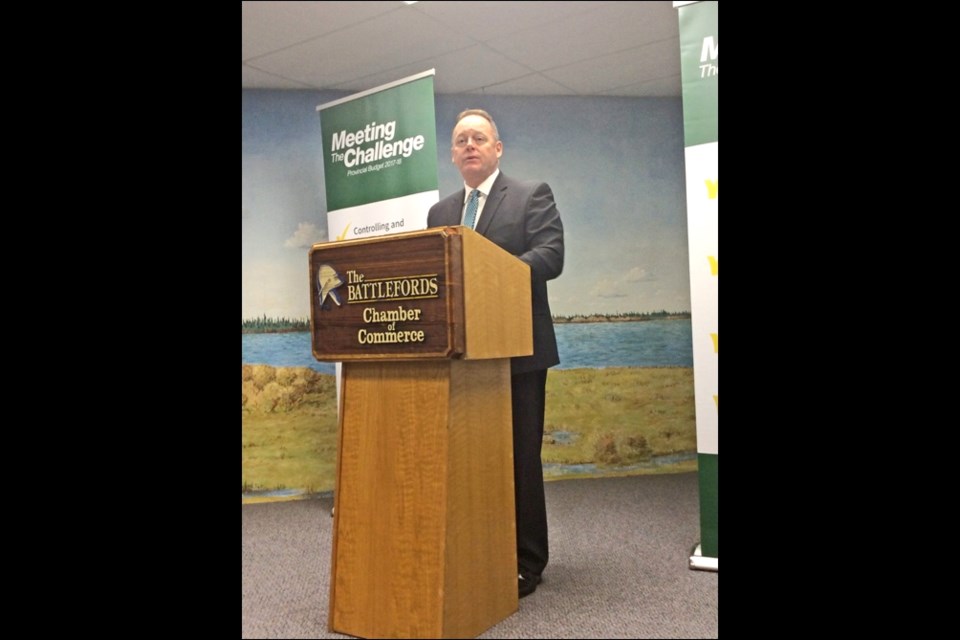 Finance Minister Kevin Doherty attends his second post-budget breakfast at the Balych Mural Meeting Room in North Battleford. There was a big audience for the event hosted by the Chamber, and plenty of questions from the audience, including from Glen Gantefoer of Light of Christ School Division. Photos by John Cairns