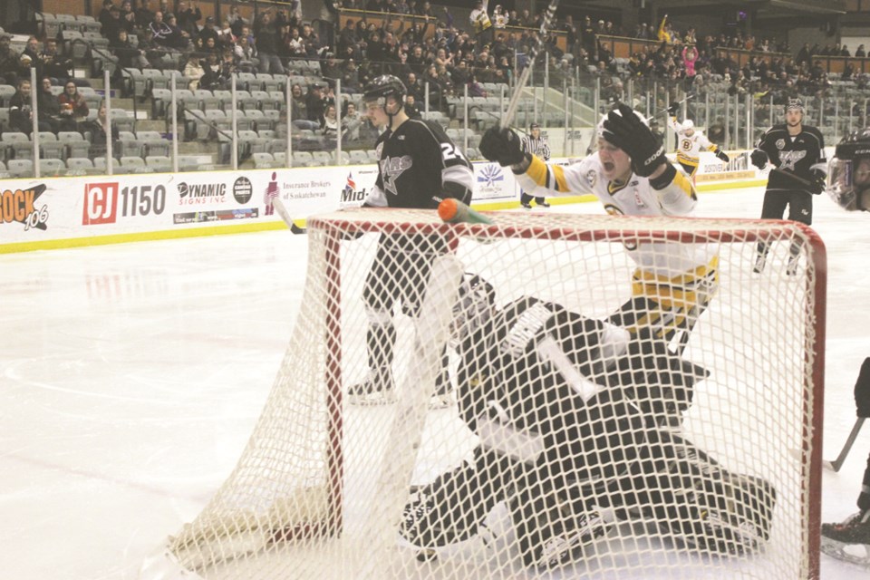 Bruin forward Matt McNeil celebrates after scoring against the Battlefords North Stars in Game 3 on