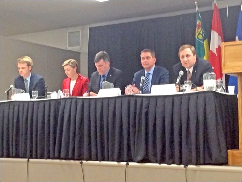 Left to right: Chris Alexander, Kellie Leitch, Pierre Lemieux, Andrew Scheer and Brad Trost. Photos by John Cairns