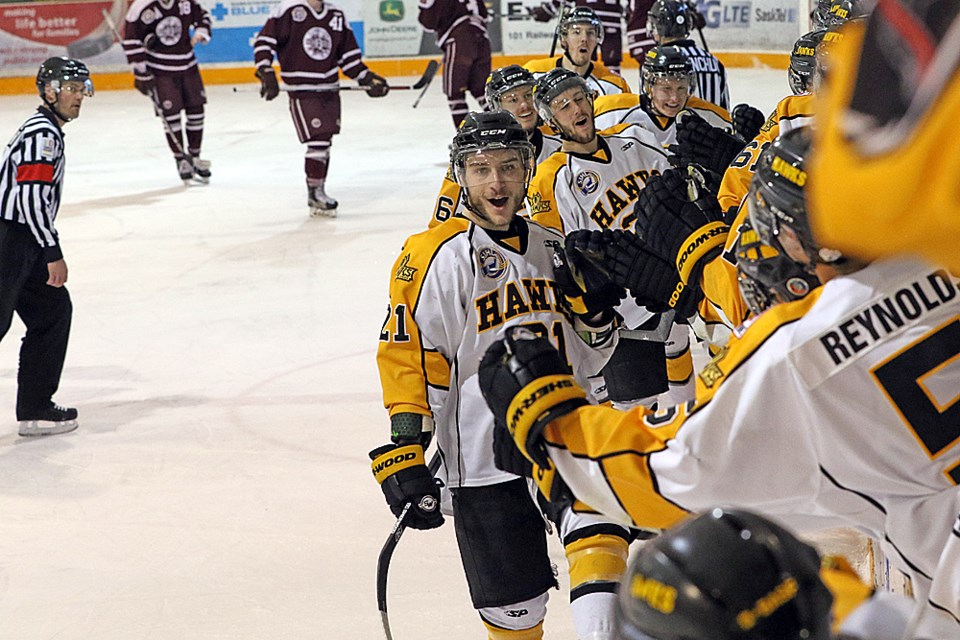 The Hawks celebrate their second goal against Flin Flon.