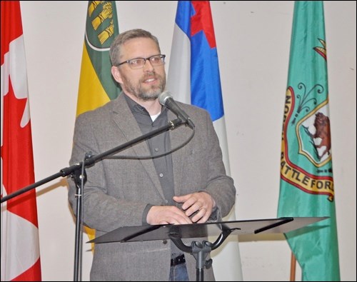 Mayor Ames Leslie of Battleford and Mayor Ryan Bater of North Battleford were guests of the annual Mayors’ Prayer Breakfast hosted by the Battlefords Ministerial Association. The morning gathering at Living Faith Chapel heard from guest speaker Phil Callaway, an author and humorist who gave an inspiring message to those in attendance about the “three reasons to hope.”  Photos by John Cairns