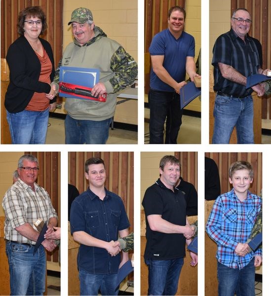 Jim Predinchuk, a member of the Norquay wildlife federation’s executive committee, presented the prizes to the various winners, including, top row, from left, Norleen Bork, who placed first in the northern pike category; Dan Johnson, first in bear, and Delmer Kucharyshen, first for moose; and (bottom row) Duncan Nokinsky, elk; Jayden Heskin, first, white-tailed deer, junior hunter; Ken Newell, moose, second place, and TJ .Ebert, first for walleye, junior class. Gerald Freese, who placed first for mule deer, and Ty Clark, who placed first in the junior northern pike category, were not available for the photographs.