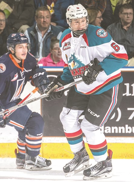 Kaedan Korczak, a Kelowna Rockets prospect, has suited up a couple of times for the team this season. Photo by Shootthebreeze