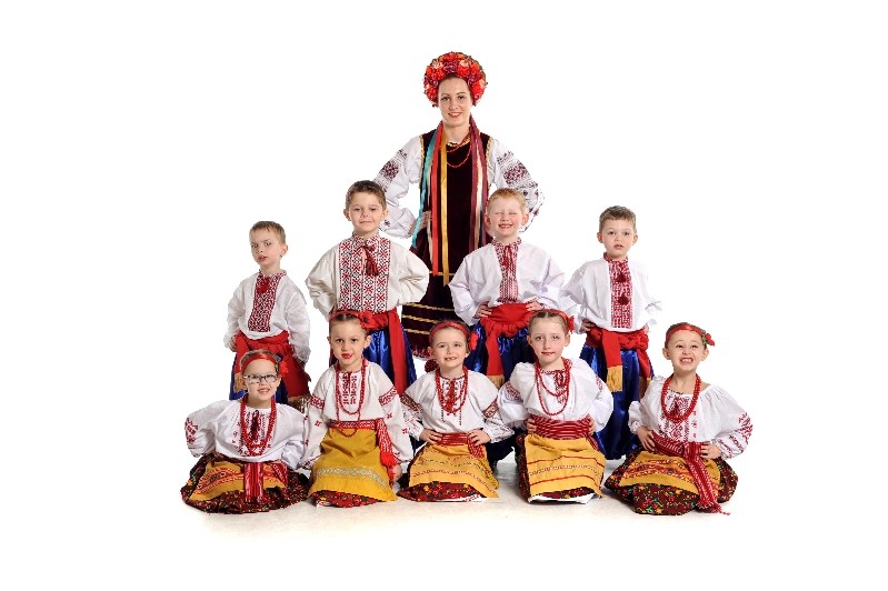 From left, members of the Novice 1 Mixed group in their Poltava costumes are: (back) Jill Gulka (apprentice instructor); (middle row) Isaiah Faryna, Brandyn Woicichowski, Caden Doogan and Cameron Burym; and (front) Mykelti Johnstone, Mya Dutchak, Presley Owchar, Chloe Doogan and Anallah Johnstone.