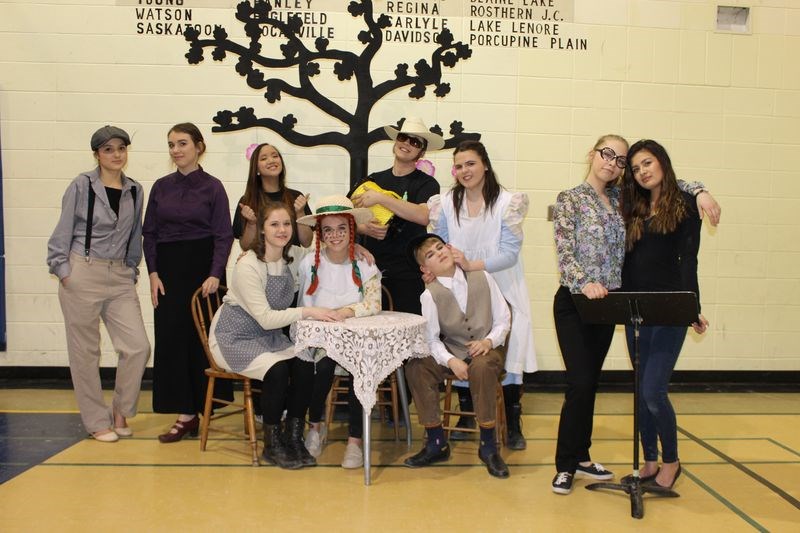 Members of the cast of Anne Arky, a comedy being staged by the Norquay School drama club as a dessert theatre on May 3, from left, are: (standing) Vienna Severight, Keely Foster, Haley Griffith, Calum Livingstone, Emily Livingstone, Elena Gustafson, and Ashley Barabonoff, and (seated) Serra Hort, Ella Foster and Micah Johnson.