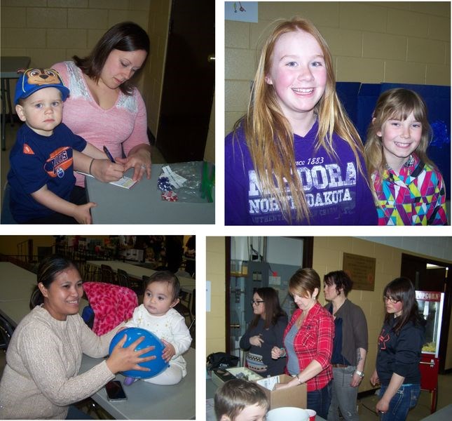 Norquay's first Family Fun Night was held April 22 at the Communiplex, where there were games for all ages, a family dance and lots of prizes and snacks for everyone. Among the participants, from left, were: (top left) Amanda Holinaty and her son Brady, who were looking after the prize table; Randi Foster and Mia Butterfield, who looked after the fishing games table which had a line-up of eager people waiting to catch a prize; (bottom left) Trisha Mae and daughter Juliet Guertin, who were hoping to find a game suitable for an 11-month-month old, and working at the front hall collecting the $5 admission fee while selling 50/50 tickets, from left, were: Melissa Watts, Reagan Foster, Nicole Korpusik and Robyn Holodnuik.