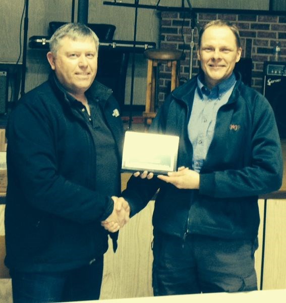 On April 26, which was the 77th annual general meeting of the Veregin Farmers’ Co-operative, Jeff Bloudoff, left, chairman of the board, presented a plaque to Eugene Remezoff in recognition of his having served as the general manager of the organization for 10 years. It has been a consistent year, said Murray Horkoff, vice-president. The Co-op was able to pay a patronage of 5.5 per cent on diesel and 4.5 per cent on gasoline. Equity cheques were distributed and members were served coffee and do-nuts.