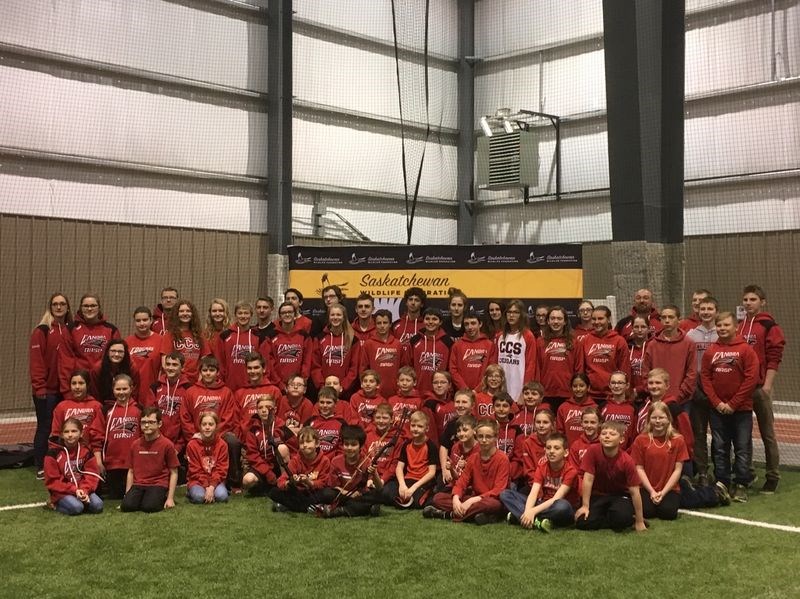 From left, archers from Canora who took part in the NASP southern provincials on April 29 in Moose Jaw are: (back row) Jennifer Prychak (coach), April Jennings, Kailey Donovan, Thomas Lowes (coach), Jordelle Lewchuk, Ashley Stusek, Brendon Landstad, Jessie Biletski, Alden Baron, Kaitlyn Zuravloff, Carson Barteski, Kaitlyn Landstad, Riley Kowalyshyn, Nick Medvid, Bryce Pelechaty, Cole Fountain, Mackenzie Gulka, Dawson Zuravloff, Grace Medvid, Toby Olynyk, Kara High, Meadow Ostafie, Tessa Spokes, Kailey Sleeva, Rod Steciuk (coach), Joanne Babb, Jamie Katryniuk, Grady Wolkowski, Jacob Gulka, Mathew Dmitruik and Jacob Danyluk; (middle, kneeling) Bailey Zuravloff, Felicity Mydonick, Callie Sznerch, Hudson Bailey, Lane Zuravloff, Clay Sleeva, Aidyn Kaytor, Kaulen Katryniuk, Daniel Howell, Rylan Bletsky, Dawson Jennings, Jake Statchuk, Chase Fountain, Matthew Makowsky, Methyl Trask, Jayden Burym, and Noah Prychak; (front, sitting) Sophia Tratch, Karbin Rubletz, Alaina Roebuck, Taye Shukin, Ty Sleeva, Porter Wolkowski, Rhett Ludba, Briel Beblow, Hunter Secondiak, Jack Craig, Jessee Kopelchuk, Connor Kraynick, Makayla Heshka, Chase Hembling and Kaira Kuhn; and (front, holding bows) Kyle Stankewich-Littlechief and Lucien Carlson.