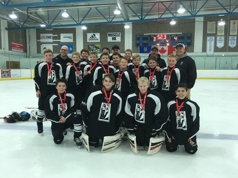 Chaz Jaeb of Sturgis, Thomas Hauber of Canora, Kaiden Masley of Sturgis, Zachary Sorgen and Brady Kashuba, both of Preeceville, were part of the AAA Sask. Knights spring hockey team that won gold at the Alberta Champion Cup.