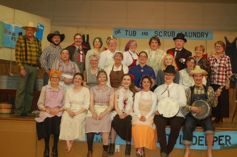 The cast of The Villain Wore a Dirty Shirt was comprised of, from left: (back row) Don Olson, Daniel Metherell, Miles Russell, Arlene Lingl, Maureen Johnson, Leanne McDonald, Trina Wardle, Ron Waugh, Pat Prokop and Hazel Urbanoski; (middle) Carla Lewis, Marlene Covey, Elaine Meachem, Karolyn Kosheluk, Mehgan Petryshyn and Myra Stachiw, and (front) Mavis Morken, Sydney Kidder, Natasha Lingl, Kennedy Kosheluk, Britney Vewchar, Laura Chartrand and Kelsey Kosheluk.