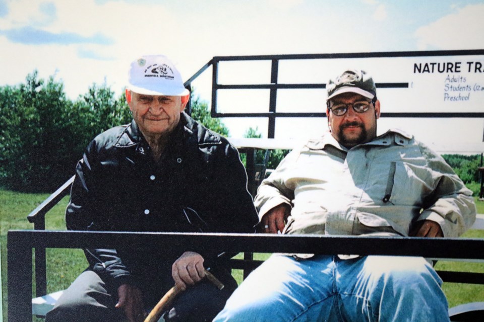 Dickson Hardie, left, was a retired farmer who would hunt fossils along the Carrot River. He told Tim Tokaryk, right, a paleontologist, where he found them and Tokaryk discovered Big Bert, 92 million-year-old ancient crocodile, as a result. Submitted Photo/Pasquia Park