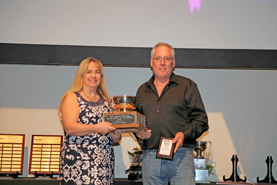 Bernie Cardin of Battlefords Community Players is presented the McIntyre Trophy for Best Characterization in Of The Fields, Lately. Seen here presenting the award is Theresa Weber. Photos submitted.