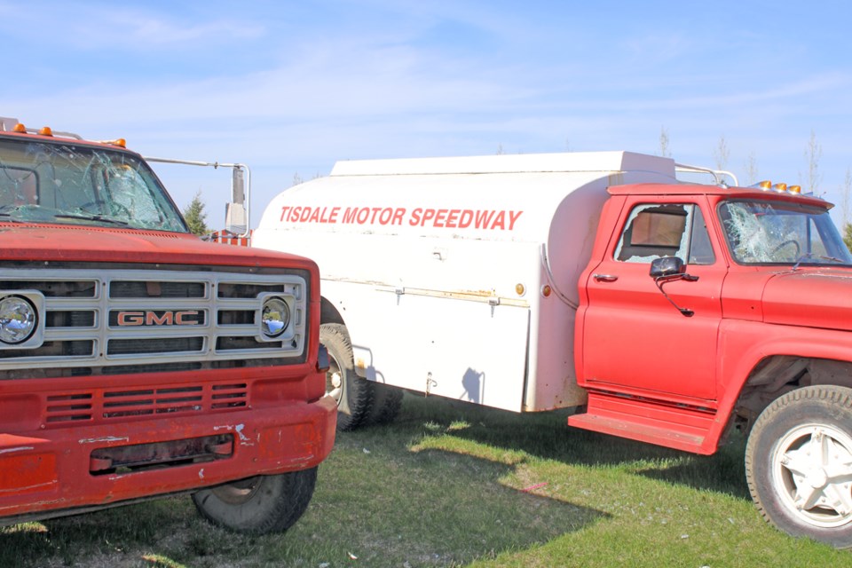 Three Tisdale locations were vandalized on the evening of May 18/morning of May 19. This photo shows that the windows of the tankers at the Tisdale Motor Speedway were smashed in. Review Photo/Devan C. Tasa
