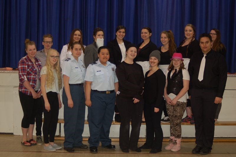 The Sturgis Composite High School cast of the Million Dollar Meatballs performance, from left, were: (back row) Quentin Prekaski, Kristiaan Rayner, Allison Sopel, Sierra Meroniuk, Tessa Rehaluk, Rhianna Olson, Nicole Tureski and Megan Clancy, and (front) Brooke Olson, Shanae Olson, Jamie Messenger, Eloisa Vicente, Kaeleigh Folk, Peyton Secundiak, Hannah Gerbrandt and Tyler Antoniuk.