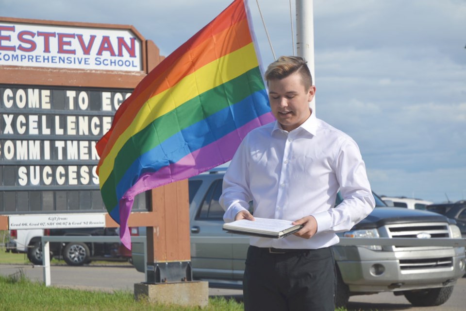 Student speaker Tyler Knibbs delivered a speech at the Estevan Comprehensive School pride flag raising ceremony on Thursday.