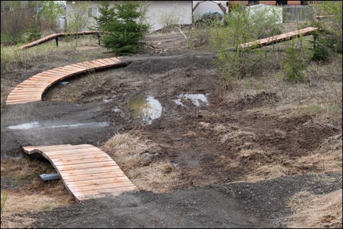 Wooden structures called ladders at the new Creighton bike park, near Collins Street.