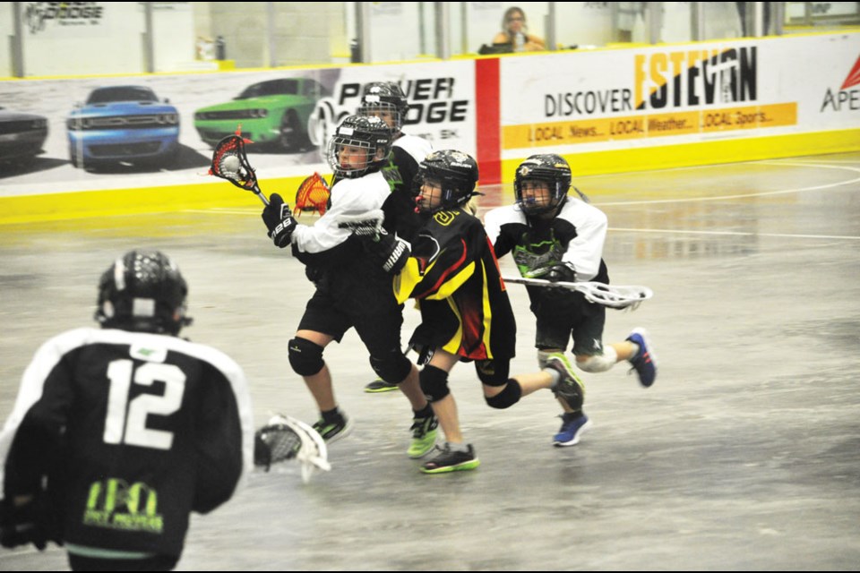 Estevan Vipers forward Brayden Mehler carries the ball into the offensive zone with some Weyburn Thrashers trying to stop him Saturday at Affinity Place.
