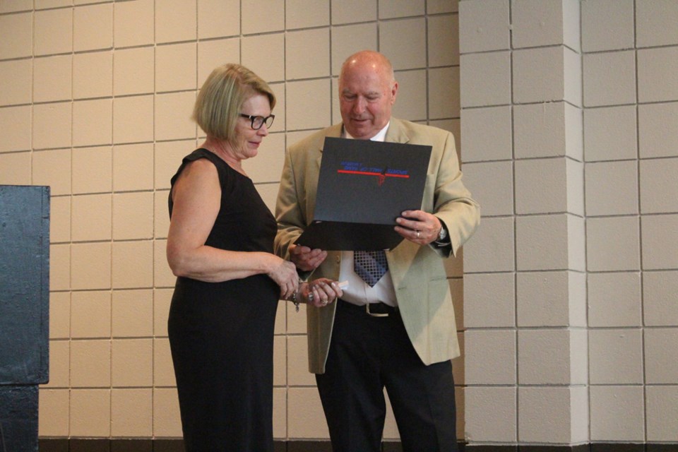 Humboldt and District Sports Hall of Fame inductees were recognized during the Night of Champions dinner on June 24. Pictured left (L to R): Inductee, Wendy Toye, and Hall of Fame President Mark Seidel.