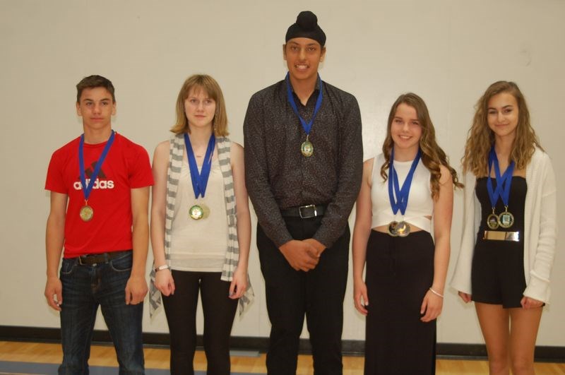 Grade 9 awards for academics were presented from left, to: Ryan Young, Claire Giddings, Agam Singh, Morgan McLean and Emily Prestie.