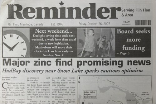 The front page of The Reminder on October 26, 2007 reported on the Lalor Lake discovery. The ceremonial “first blast” at Lalor mine took place just three years later.