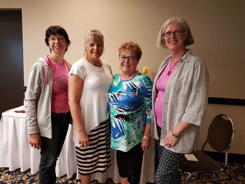 Attending a fast-paced, information-filled volunteer training workshop in Calgary, presented by the Canadian Cancer Society, Jan Derwores, left, was given knowledge, insight and encouragement when she attended various training sessions led by Janice Walker of Pickering, Ont., Carole Keys of Whitby, Ont. and Susan Quinn-Mullins of Burlington, Ont.