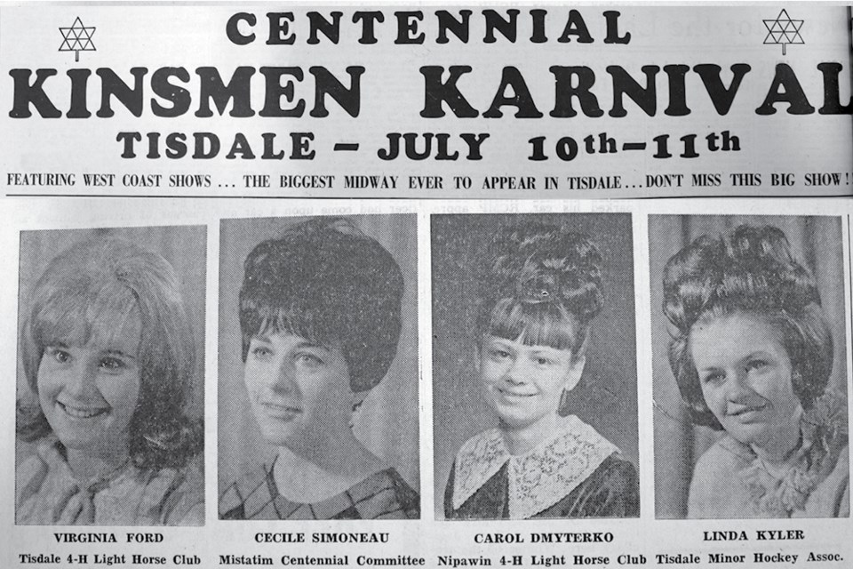 No Kin Karnival would be complete without a queen... and one of the four young ladies shown above will be that queen. The winner will be decided on the vote system based on ticket sales for a raffle at the Centennial Kinsmen Karnival July 10 and 11, 1967. Tisdale Recorder File Photo.