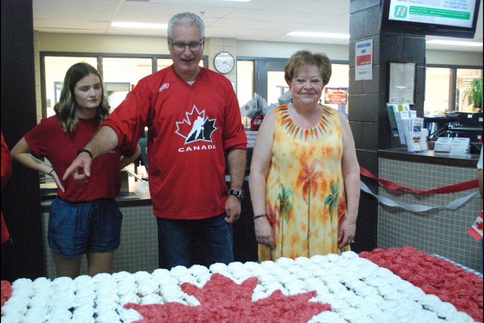 Mayor Rob Muench and Humboldt-Watrous MLA Donna Harpauer did not get to cut a Canada Day cake during Canada Day celebrations on July 1 but they did get to hand out Canada Day cupcakes at the Humboldt Uniplex after a free barbecue. The city did decide, because of budget constraints, to have a more low key Canada Day. See the full story and more Canada Day photos on page 2.