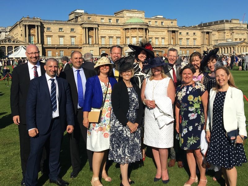 Eldeen Pozniak was one of 200 diplomatic guests who were invited to Buckingham Palace for tea. From left, were: Chris Patton (United States), Jason Boyer (Canada), Stuart Naylor (United Kingdom), Pozniak (Canada), Barry Wilkes (United Kingdom), Debbie Wilkes (United Kingdom), Karen Naylor (United Kingdom), Walid Abdel Kader (United Arab Emirates), Nikki Wright (Canada), Terrie Norris (United States), Teresa Turnball (United States), Perry Rueben (Canada) and Kathy Tull (Canada).