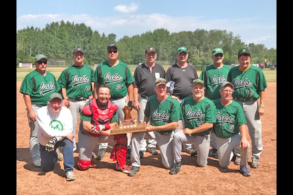 The Hudson Bay Jaks captured the Twilite Masters Provincial Championship B-Side title with a 6-1 win over the Eden Valley Senators in the B-Side final in Hudson Bay on July 23. Pictured (L to R) Back Row: Ken Cleaveley, Curtis Scherger, Jerry Sprackman, Bill Sutherland, Bruce Hodginz, Dennis Hofer and Brian Peters. Front Row: Bill Selnes, Warren Gherasim, Craig Cory, Scott Cory and Bill Binkley. Submitted Photo