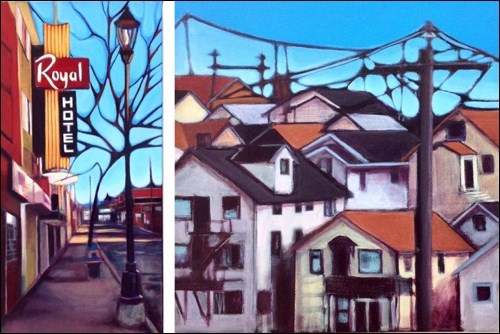 The paintings showcase areas of Flin Flon that are immediately familiar to residents. The two shown here feature Main Street (left) and houses on Hapnot Street and Hill Street.