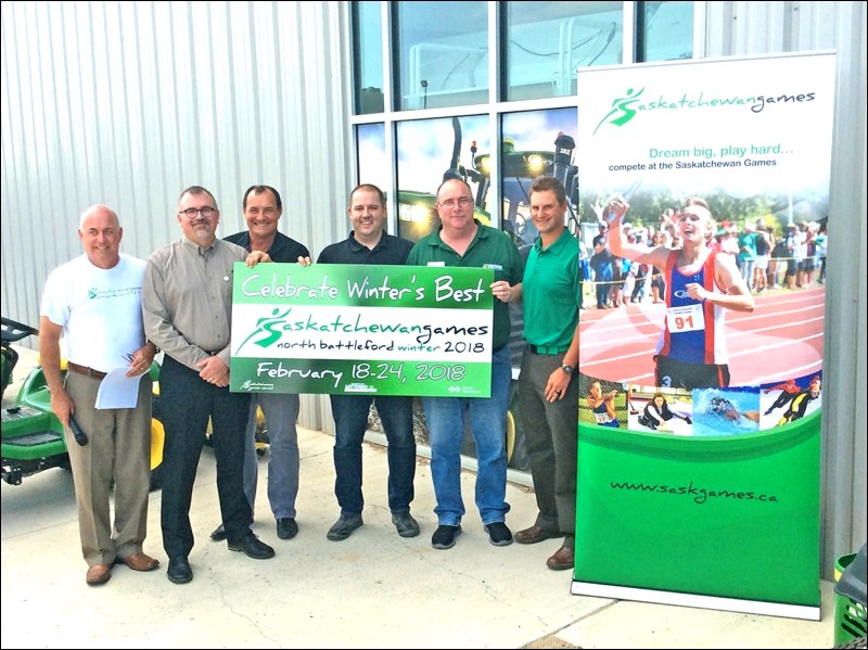 Saskatchewan Winter Games Co-chair Rob Rongve, Pattison Agriculture Ltd’s Art Ward (president), Bentley Carberry, Jason Russell, Sterling Gaudaur, and Co-chair David Schell announce Pattison Ag’s participation as a Diamond Sponsor of the 2018 games. Photos by John Cairns