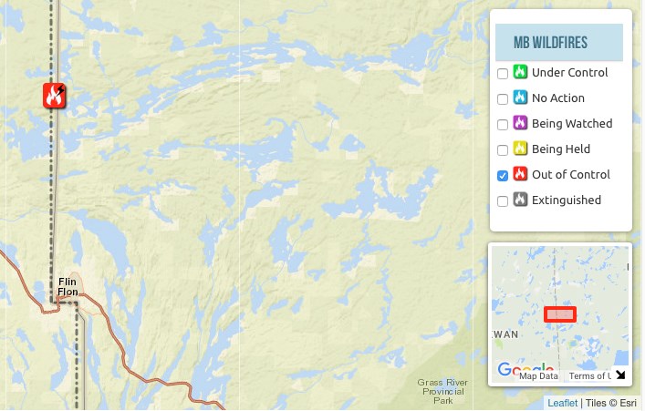 A screenshot from the Manitoba Sustainable Development online fire map, showing the location of the