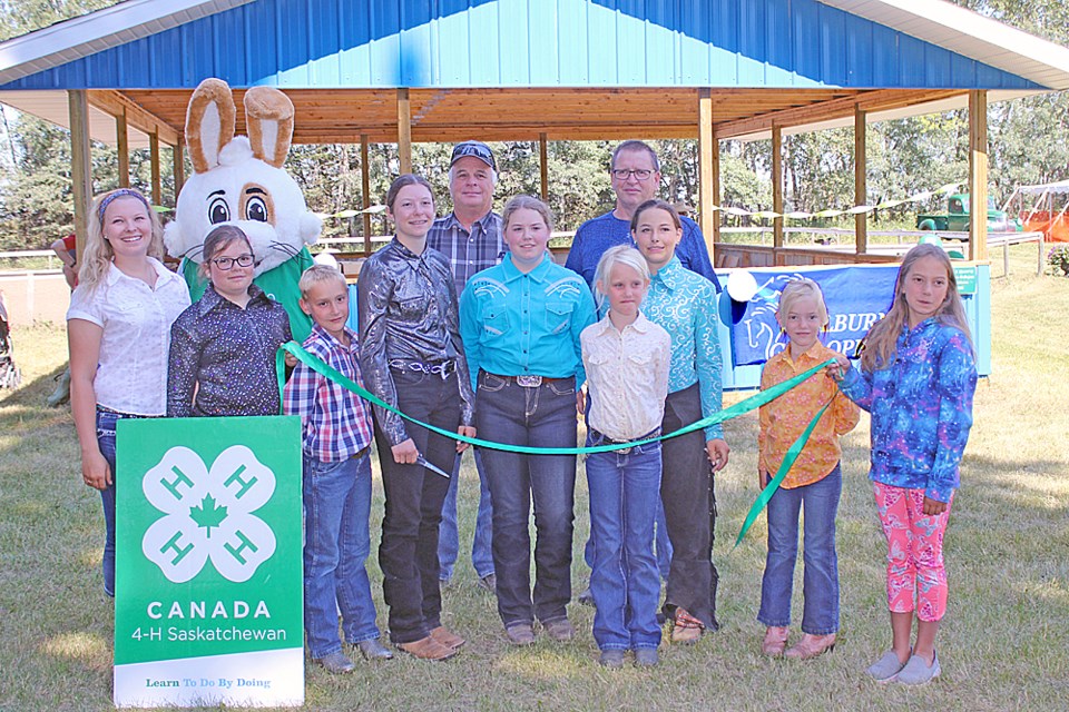 The Golburn Gallopers 4-H Light Horse Club held the grand opening of their new gazebo during the Golburn Fair Aug. 12. In the back are Harold the 4-H Hare, as well as Al Hooper and Daryl Hemsley from the Golburn Agricultural Society. In front are Carlie Bowditch, and 4-H members Saylor Teale, James Van Haastert, Tatum Teale, Jaz Frazer, Avalene Van Haastert, Arizona LaClare, Vidalia Van Haastert and Rebecca Mayerle. Review Photo/Devan C. Tasa