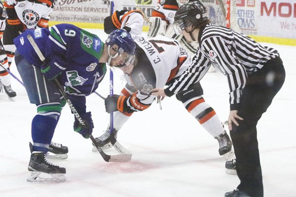 Carson Welke prepares for a face off during the 2016-17 season.